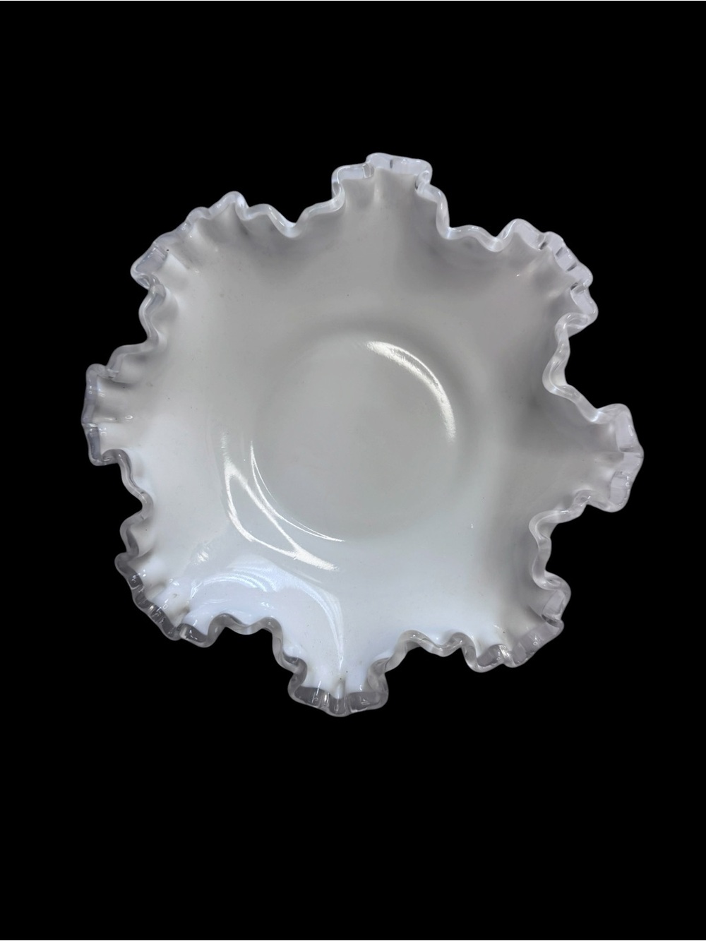 Vintage Fenton Silver Crest Milk Glass Bowl 8” Clear Ruffled Crimped Edge MCM